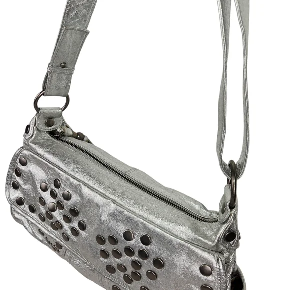 Steve Madden Vegan Silver Metallic Studded Purse Shoulder Bag Y2K Punk Medium - Picture 2 of 16